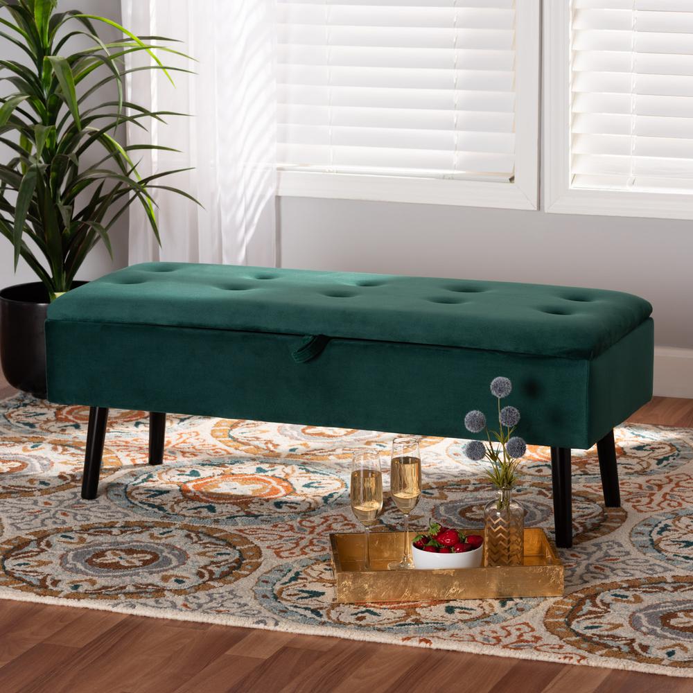 Green Velvet Fabric Upholstered and Dark Brown Finished Wood Storage Bench. Picture 21