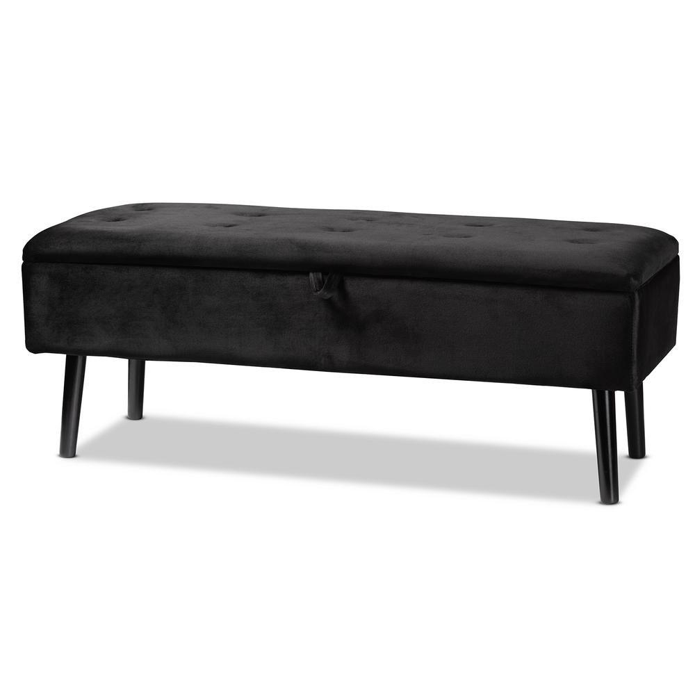 Black Velvet Fabric Upholstered and Dark Brown Finished Wood Storage Bench. Picture 13