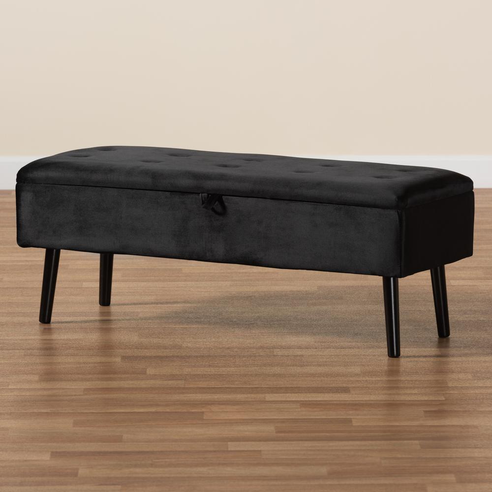 Black Velvet Fabric Upholstered and Dark Brown Finished Wood Storage Bench. Picture 23