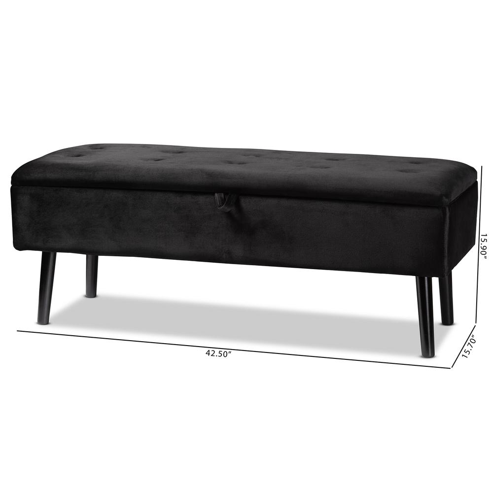 Black Velvet Fabric Upholstered and Dark Brown Finished Wood Storage Bench. Picture 24