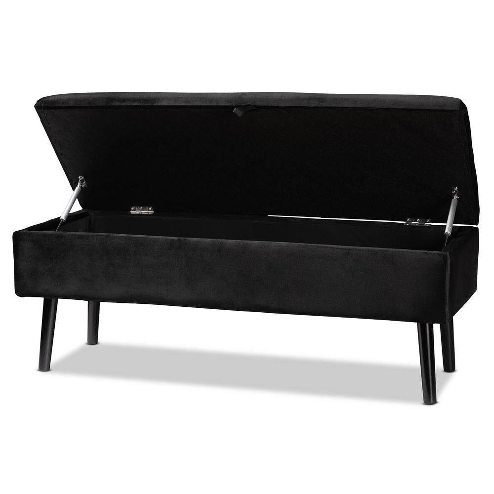 Black Velvet Fabric Upholstered and Dark Brown Finished Wood Storage Bench. Picture 14