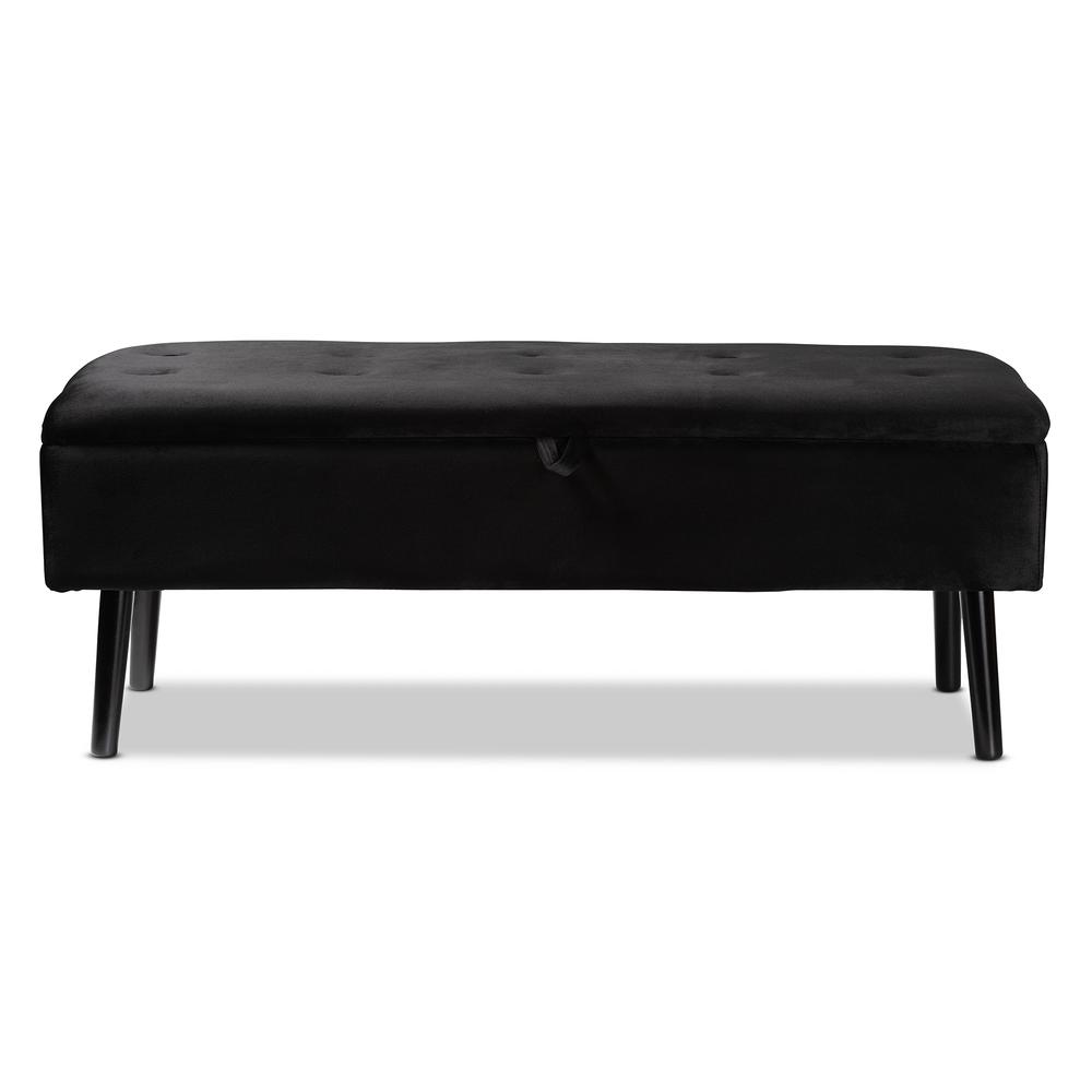 Black Velvet Fabric Upholstered and Dark Brown Finished Wood Storage Bench. Picture 15
