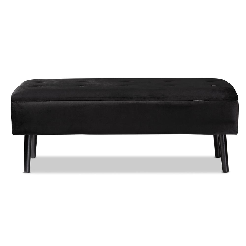 Black Velvet Fabric Upholstered and Dark Brown Finished Wood Storage Bench. Picture 17