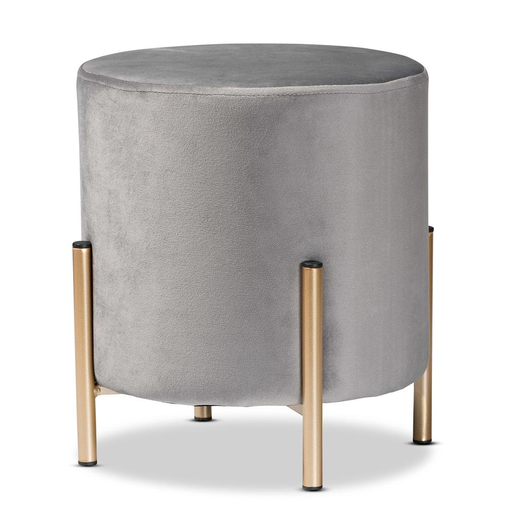 Glam and Luxe Grey Velvet Fabric Upholstered and Gold Finished Metal Ottoman. Picture 9