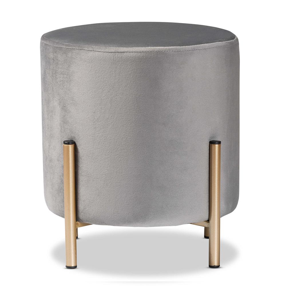 Glam and Luxe Grey Velvet Fabric Upholstered and Gold Finished Metal Ottoman. Picture 10