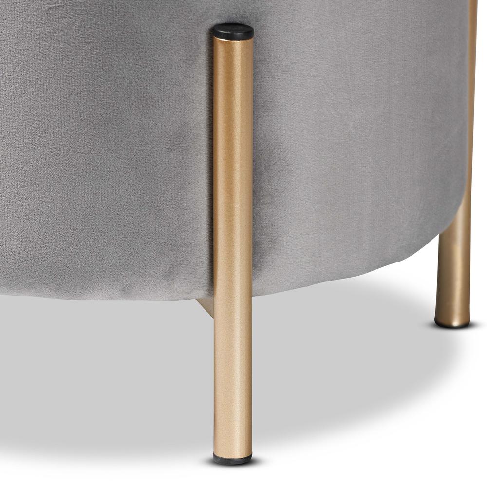 Glam and Luxe Grey Velvet Fabric Upholstered and Gold Finished Metal Ottoman. Picture 11