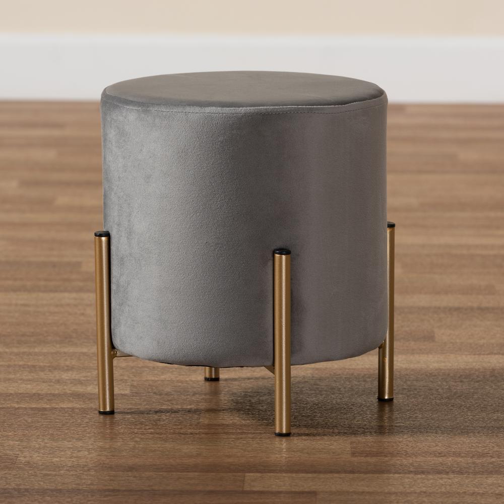 Glam and Luxe Grey Velvet Fabric Upholstered and Gold Finished Metal Ottoman. Picture 15