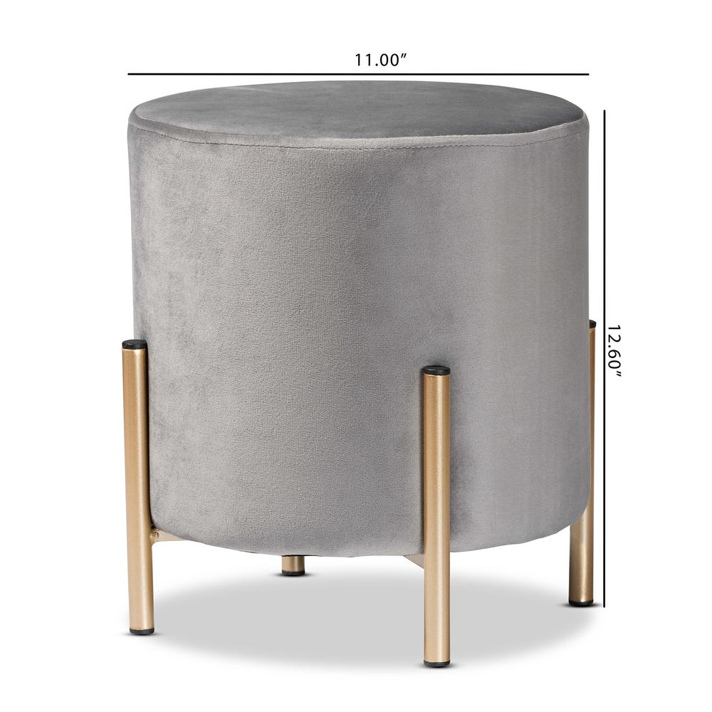 Glam and Luxe Grey Velvet Fabric Upholstered and Gold Finished Metal Ottoman. Picture 16