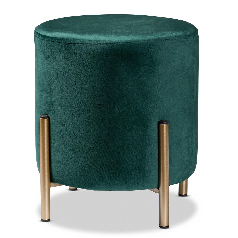 Glam and Luxe Green Velvet Fabric Upholstered and Gold Finished Metal Ottoman. Picture 9