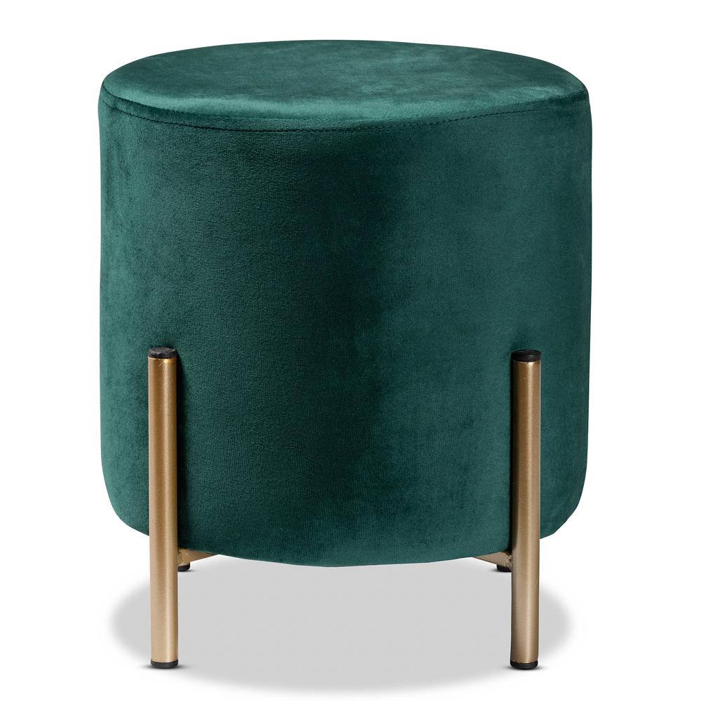 Glam and Luxe Green Velvet Fabric Upholstered and Gold Finished Metal Ottoman. Picture 10
