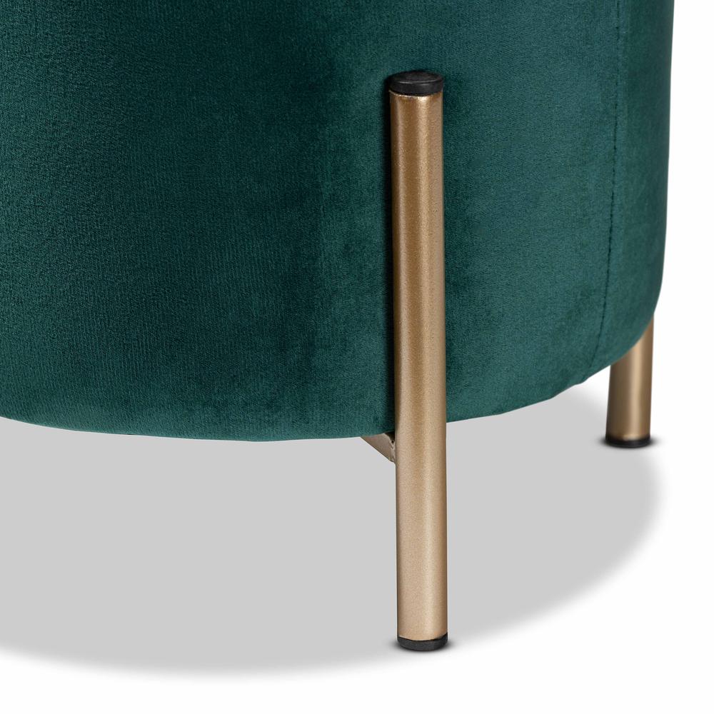 Glam and Luxe Green Velvet Fabric Upholstered and Gold Finished Metal Ottoman. Picture 11
