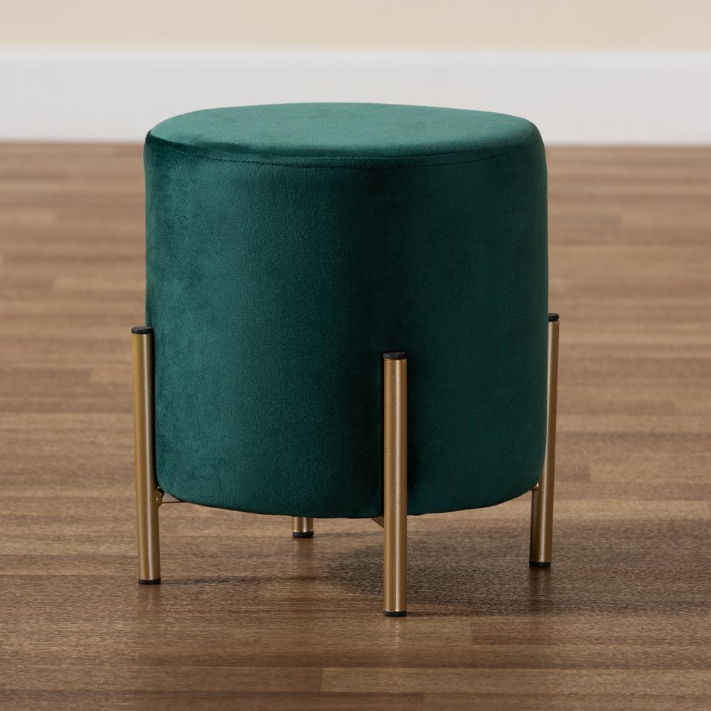 Glam and Luxe Green Velvet Fabric Upholstered and Gold Finished Metal Ottoman. Picture 15