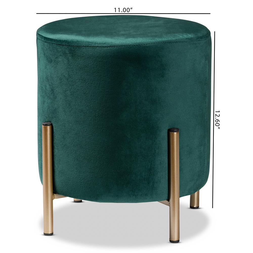 Glam and Luxe Green Velvet Fabric Upholstered and Gold Finished Metal Ottoman. Picture 16