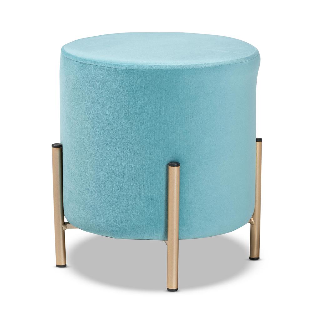 Glam and Luxe Sky Blue Velvet Fabric Upholstered and Gold Finished Metal Ottoman. Picture 9