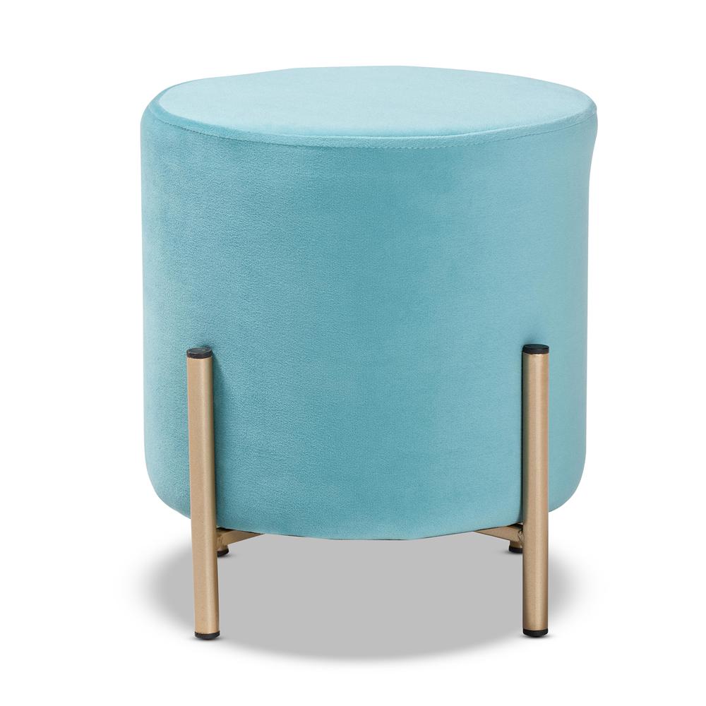Glam and Luxe Sky Blue Velvet Fabric Upholstered and Gold Finished Metal Ottoman. Picture 10