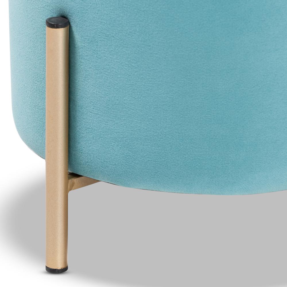 Glam and Luxe Sky Blue Velvet Fabric Upholstered and Gold Finished Metal Ottoman. Picture 11