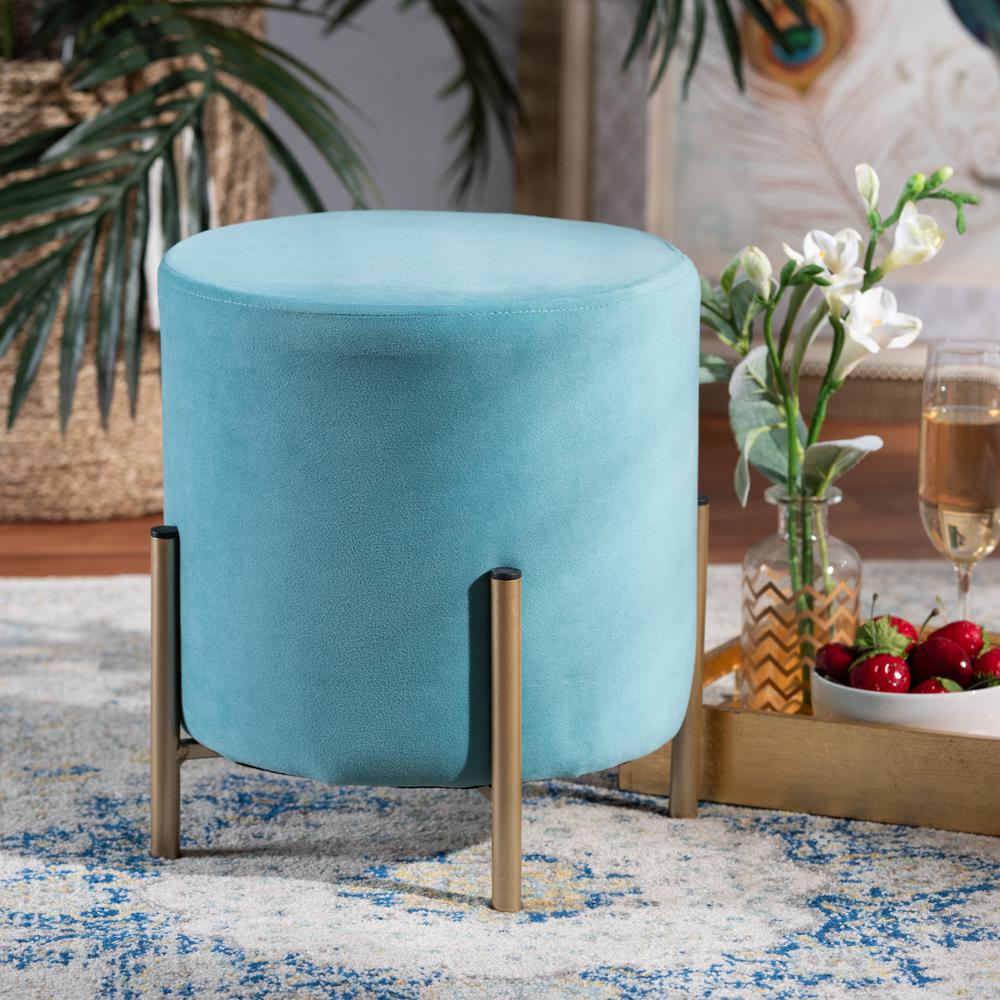 Glam and Luxe Sky Blue Velvet Fabric Upholstered and Gold Finished Metal Ottoman. Picture 14