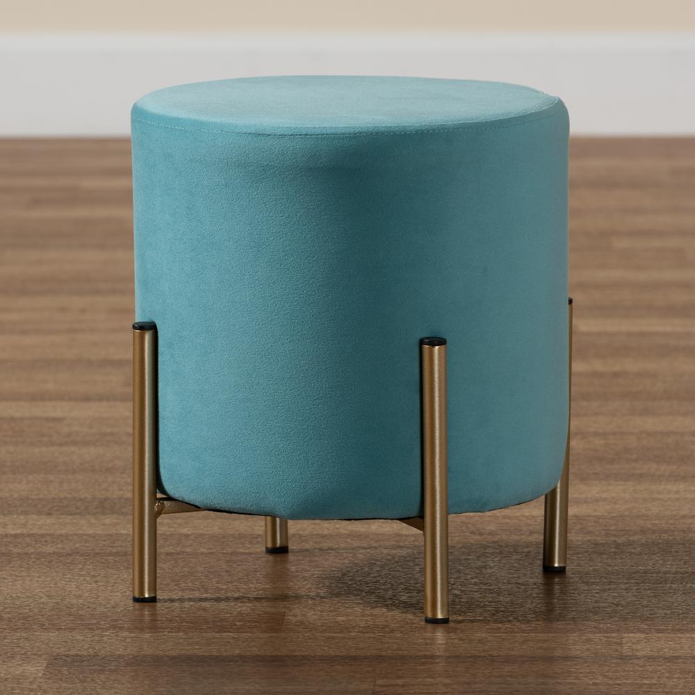 Glam and Luxe Sky Blue Velvet Fabric Upholstered and Gold Finished Metal Ottoman. Picture 15