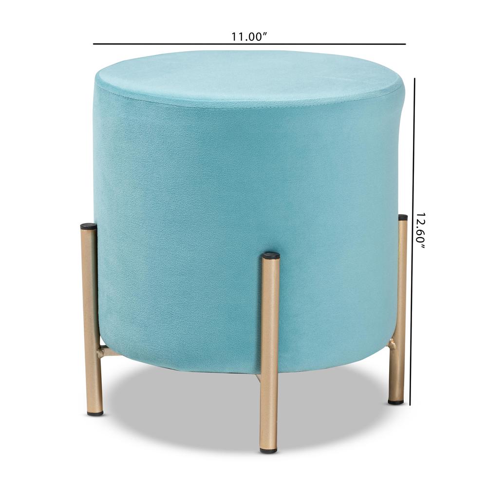 Glam and Luxe Sky Blue Velvet Fabric Upholstered and Gold Finished Metal Ottoman. Picture 16