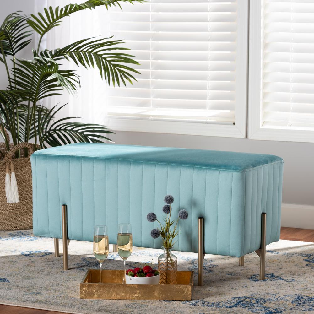 Baxton Studio Helaine Contemporary Glam and Luxe Sky Blue Fabric Upholstered and Gold Metal Bench Ottoman. Picture 9