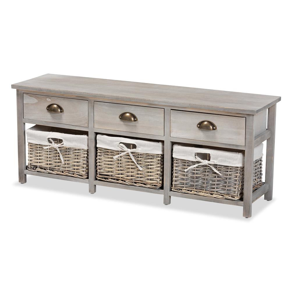 Light Grey Finished Wood 3-Drawer Storage Bench with Baskets. Picture 12