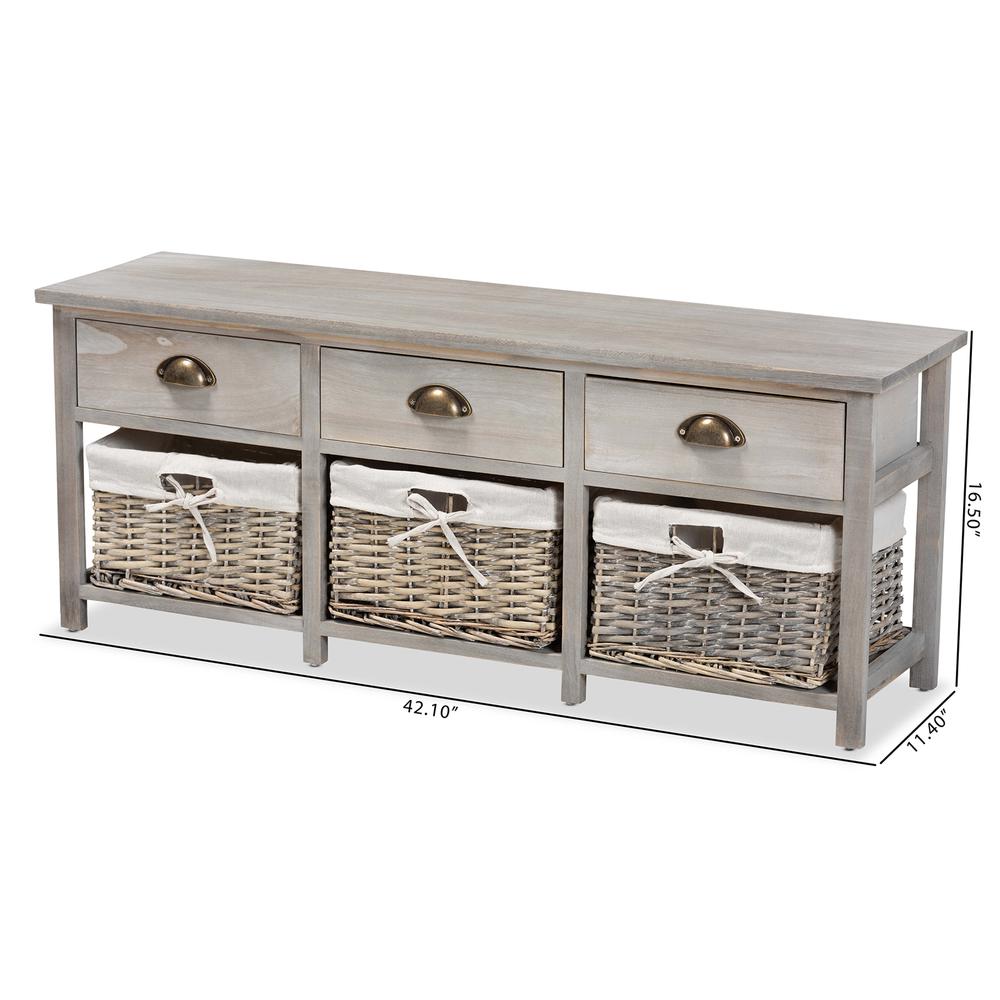 Light Grey Finished Wood 3-Drawer Storage Bench with Baskets. Picture 21