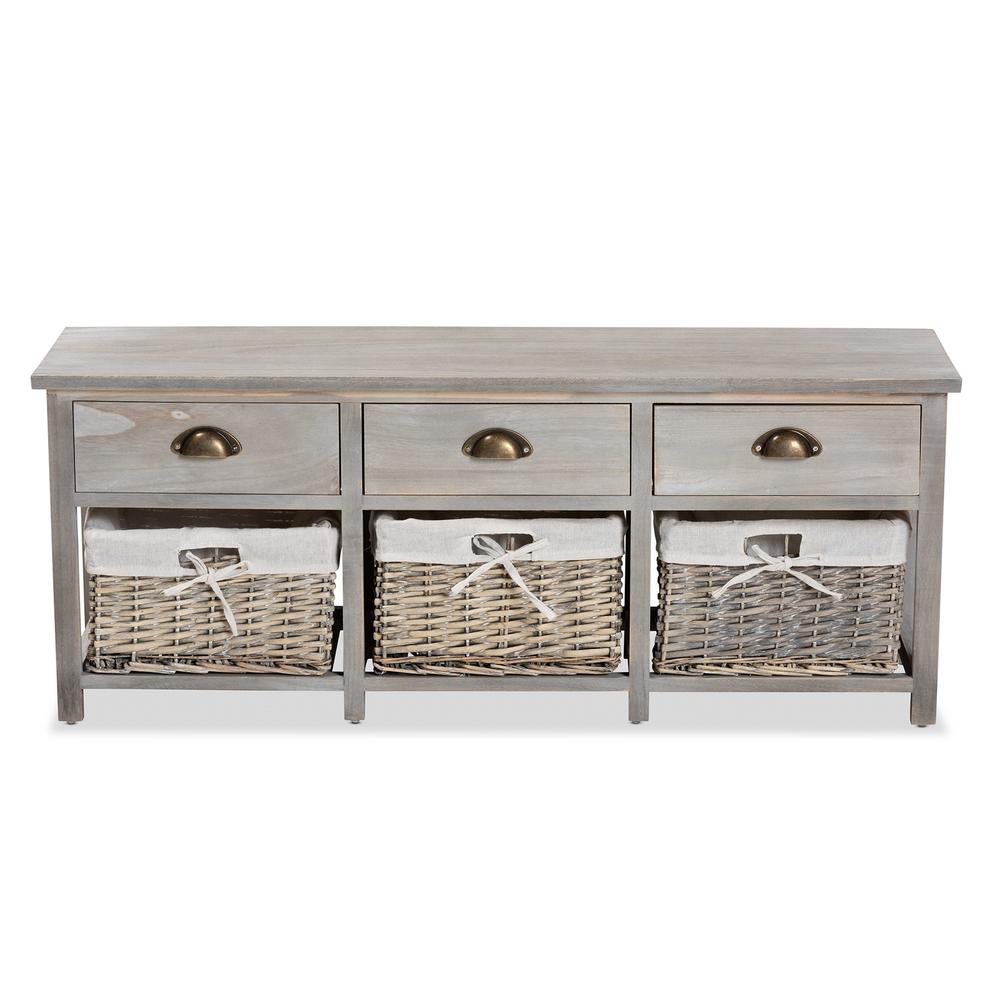 Light Grey Finished Wood 3-Drawer Storage Bench with Baskets. Picture 14