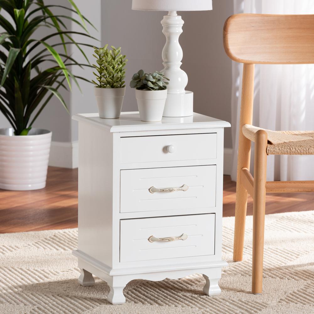 Baxton Studio Layton Classic and Traditional White Finished Wood 3-Drawer Nightstand. Picture 11