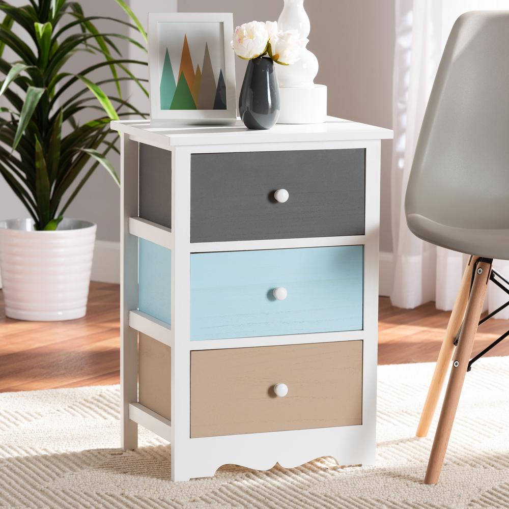 Baxton Studio Kalila Modern and Contemporary White and Multi-Colored Finished Wood 3-Drawer Nightstand. Picture 11