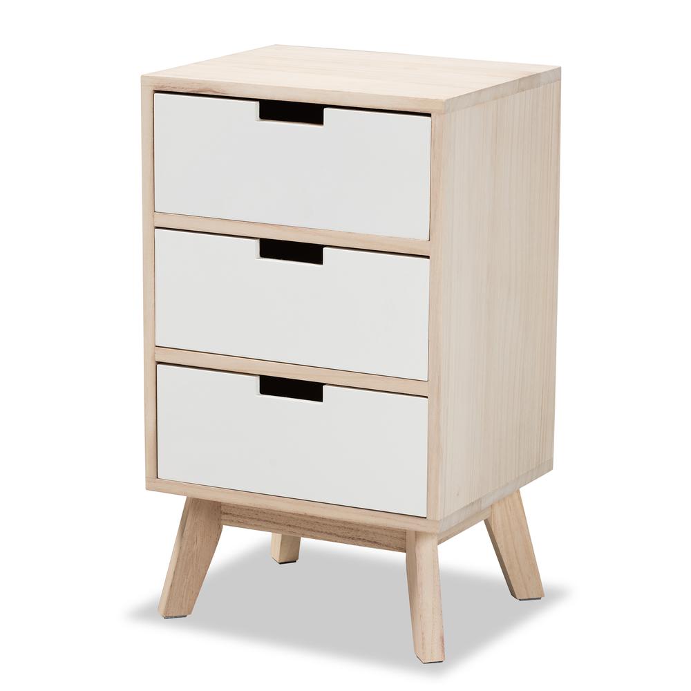 Baxton Studio Halian Mid-Century Modern Two-Tone White and Light Brown Finished Wood 3-Drawer Nightstand. Picture 1