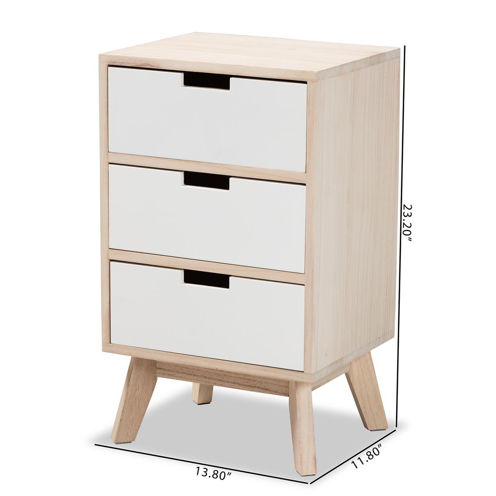 Baxton Studio Halian Mid-Century Modern Two-Tone White and Light Brown Finished Wood 3-Drawer Nightstand. Picture 22