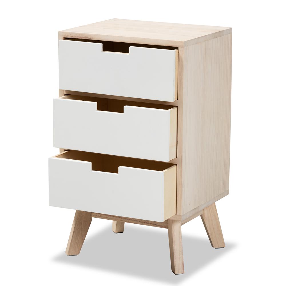 Baxton Studio Halian Mid-Century Modern Two-Tone White and Light Brown Finished Wood 3-Drawer Nightstand. Picture 14