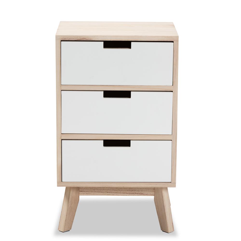 Baxton Studio Halian Mid-Century Modern Two-Tone White and Light Brown Finished Wood 3-Drawer Nightstand. Picture 15