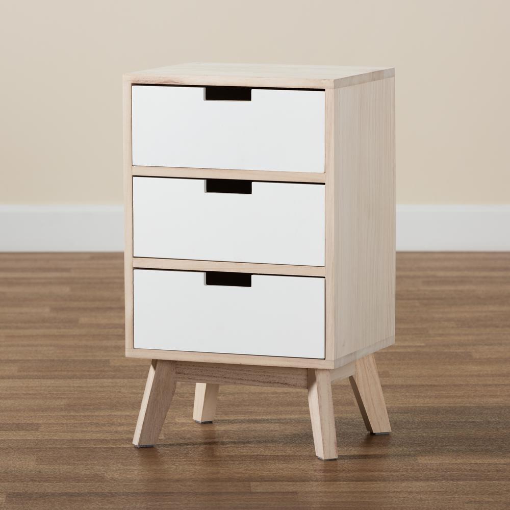 Baxton Studio Halian Mid-Century Modern Two-Tone White and Light Brown Finished Wood 3-Drawer Nightstand. Picture 21