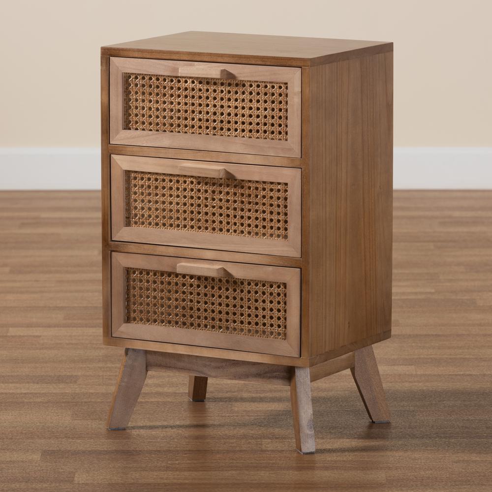 Walnut Brown Finished Wood 3-Drawer End Table with Rattan. Picture 19