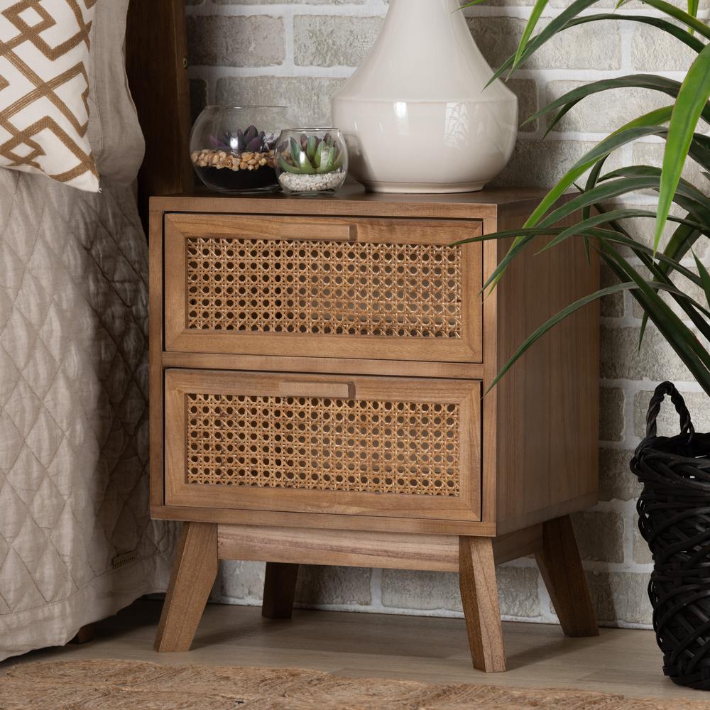 Walnut Brown Finished Wood 2-Drawer End Table with Rattan. Picture 18