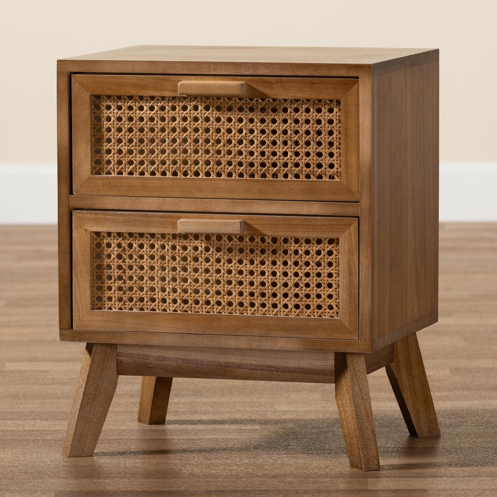 Walnut Brown Finished Wood 2-Drawer End Table with Rattan. Picture 19