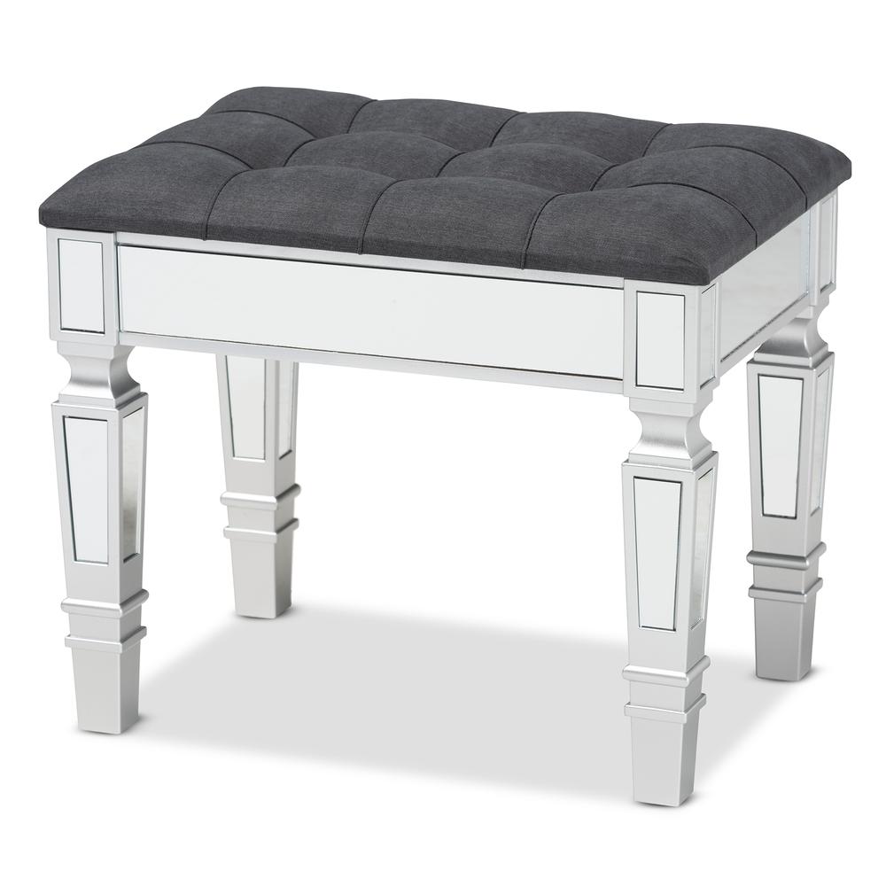 Glam and Luxe Grey Fabric Upholstered and Silver Finished Wood Ottoman. Picture 9
