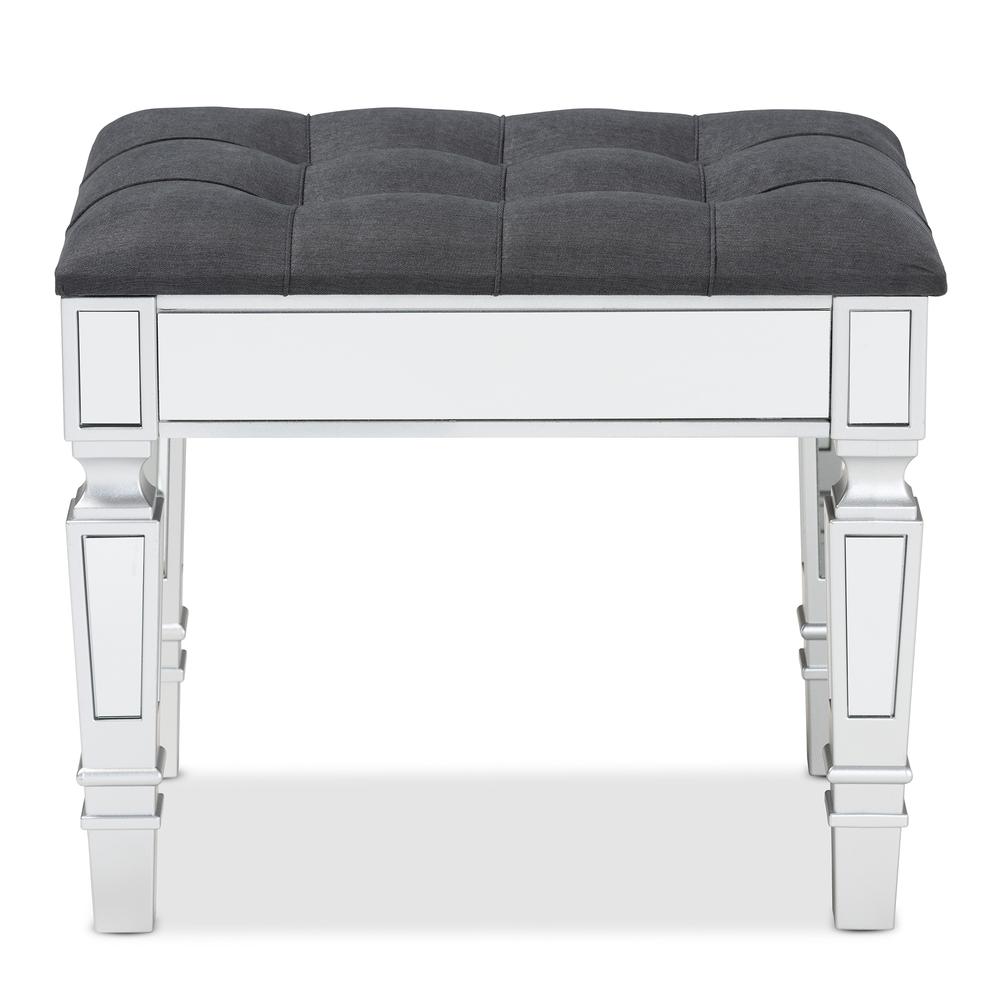 Glam and Luxe Grey Fabric Upholstered and Silver Finished Wood Ottoman. Picture 10