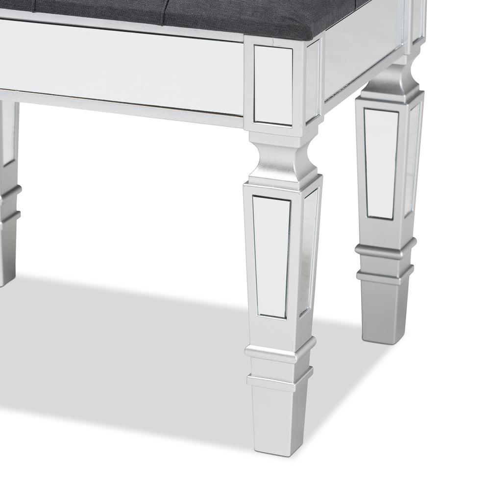 Glam and Luxe Grey Fabric Upholstered and Silver Finished Wood Ottoman. Picture 12