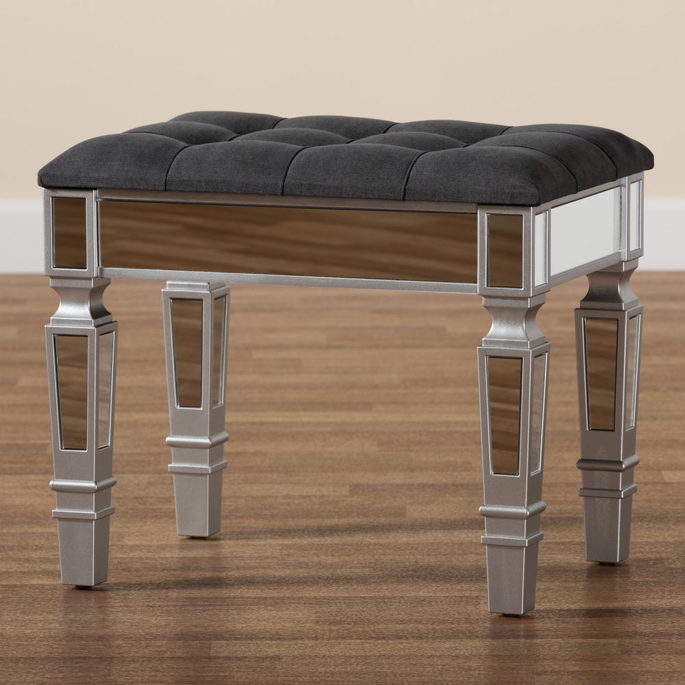 Glam and Luxe Grey Fabric Upholstered and Silver Finished Wood Ottoman. Picture 15