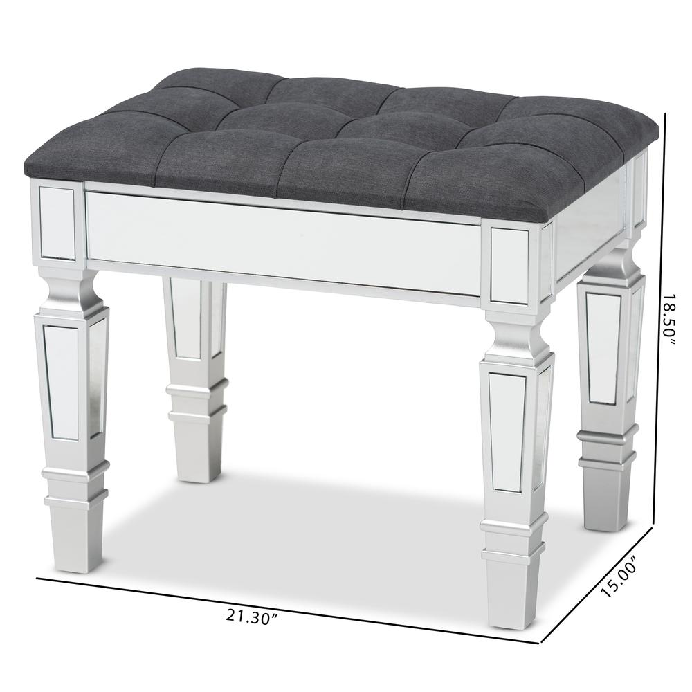 Glam and Luxe Grey Fabric Upholstered and Silver Finished Wood Ottoman. Picture 16