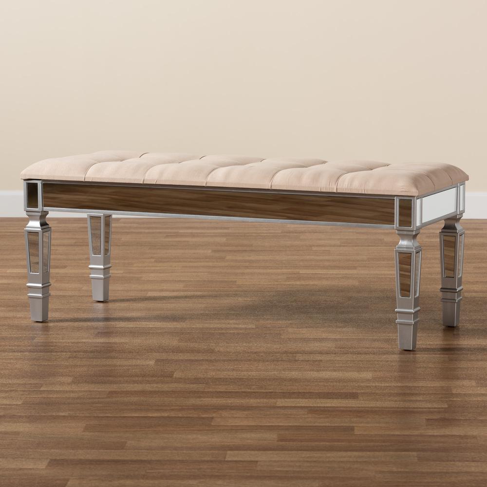 Glam and Luxe Beige Fabric Upholstered and Silver Finished Wood Accent Bench. Picture 15