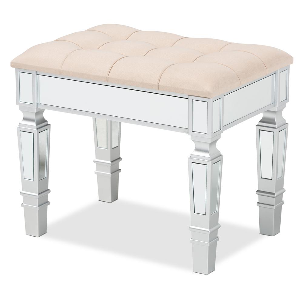 Glam and Luxe Beige Fabric Upholstered and Silver Finished Wood Ottoman. Picture 9
