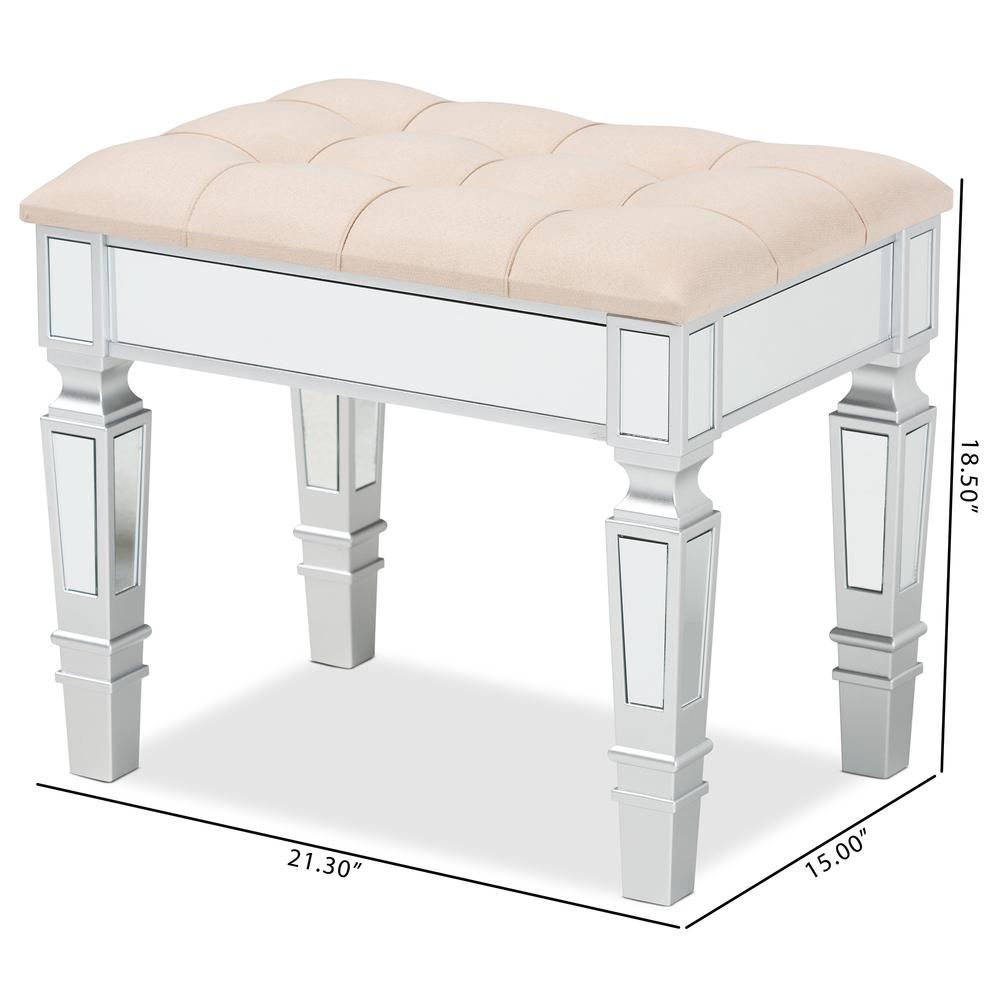 Glam and Luxe Beige Fabric Upholstered and Silver Finished Wood Ottoman. Picture 16