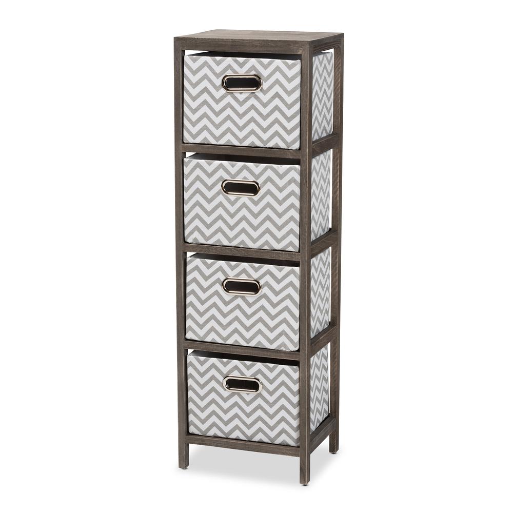 Grey and White Fabric Upholstered Greywashed Wood 4-Basket Tallboy Storage Unit. Picture 11