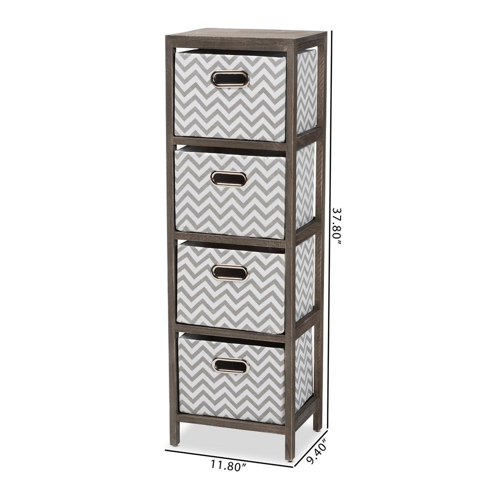Grey and White Fabric Upholstered Greywashed Wood 4-Basket Tallboy Storage Unit. Picture 20