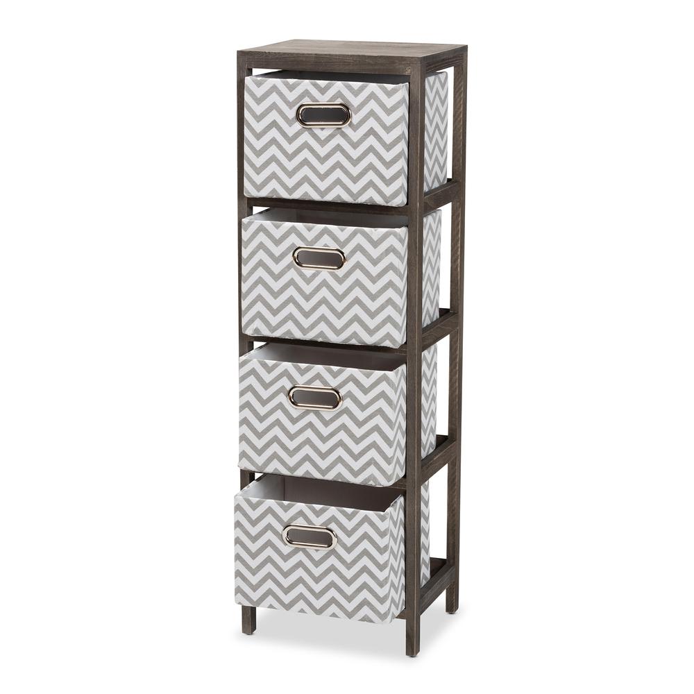 Grey and White Fabric Upholstered Greywashed Wood 4-Basket Tallboy Storage Unit. Picture 12