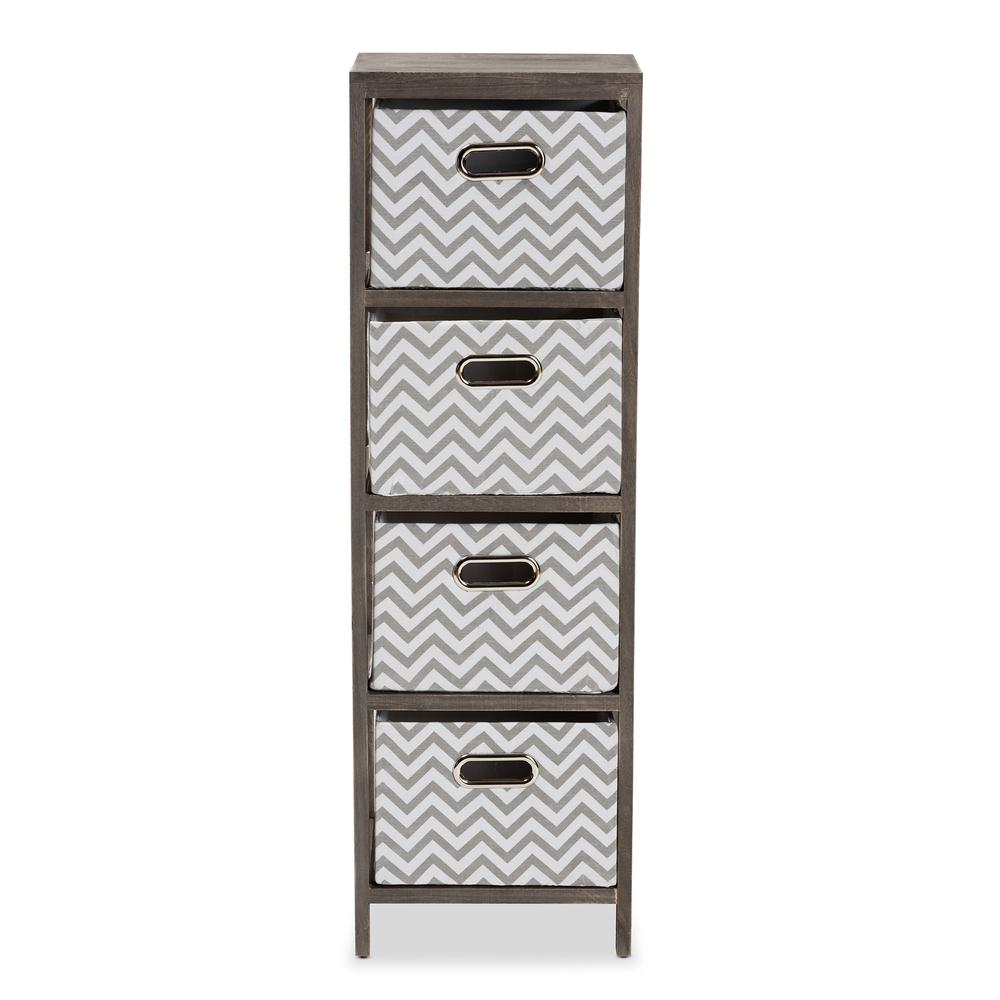 Grey and White Fabric Upholstered Greywashed Wood 4-Basket Tallboy Storage Unit. Picture 13
