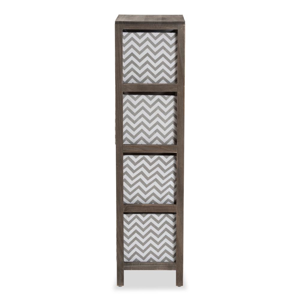 Grey and White Fabric Upholstered Greywashed Wood 4-Basket Tallboy Storage Unit. Picture 14